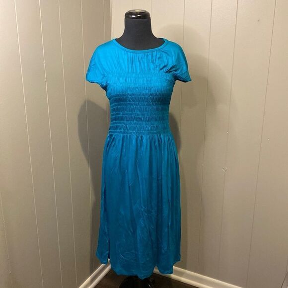 Trina Turk Small Blue Entertain Smocked Knee-Length Dress - Picture 3 of 10